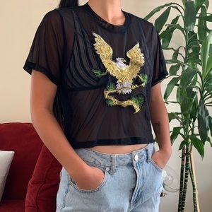 LF black mesh eagle crop top